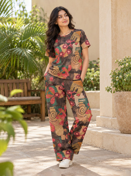 Abstract Ethnic Art Crop Top & Jogger  Set