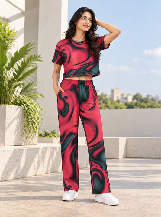 Abstract Marble Swirl Print Crop Top & Jogger Set