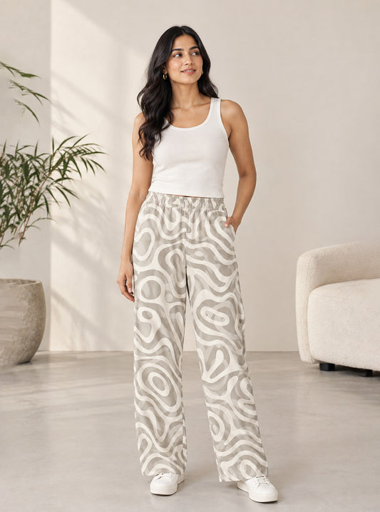 Beige Fluid Lines Printed Trouser