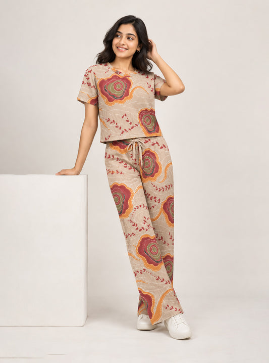Boho Kantha Motif Print Crop Top & Jogger Co-ord Set