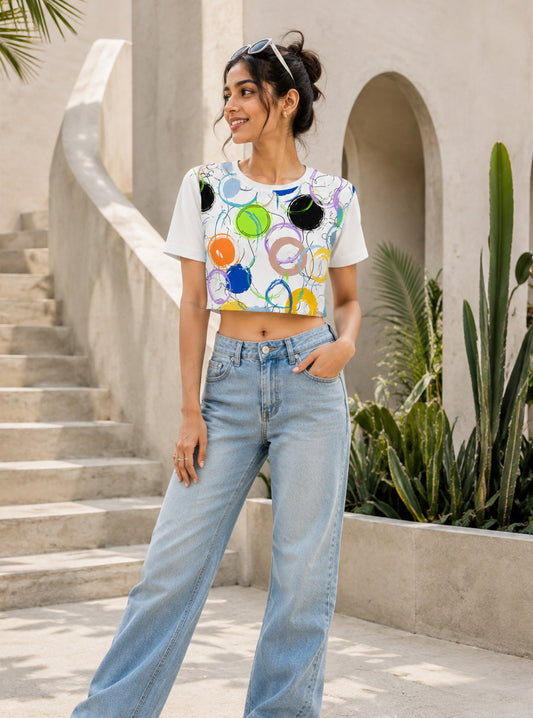 Colorful Scribble Circles Printed Crop Top