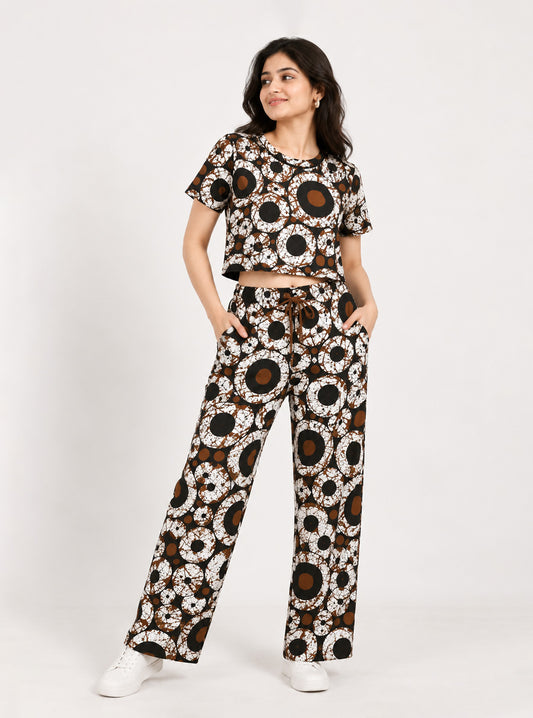 Geometric Circle Splash Print Crop Top and Jogger Co-Ord Set