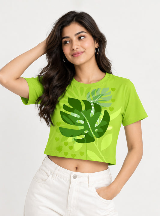 Green Jungle Leaf Print Crop Top