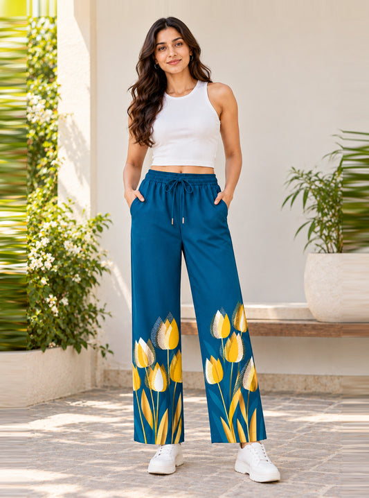 Stylized Floral Hem Printed Trouser