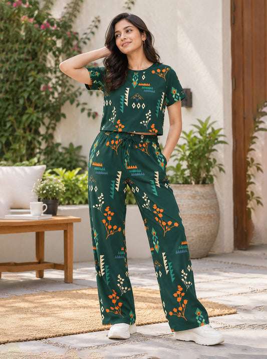 Tribal Geometric Floral Crop Top & Jogger Co-ord Set