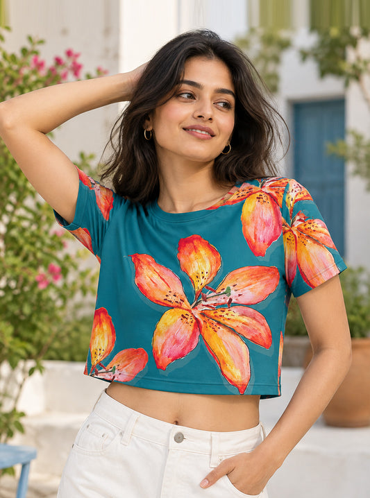 Watercolor Lily Floral Printed Crop Top