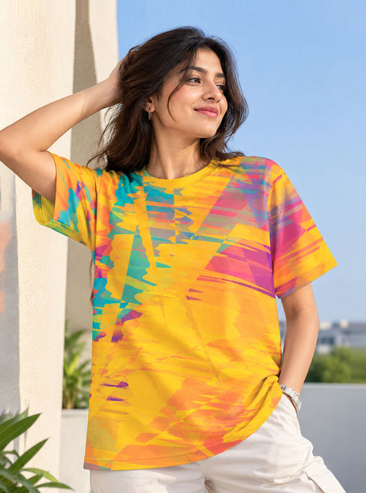 Yellow Pink Teal Abstract Print T-Shirt