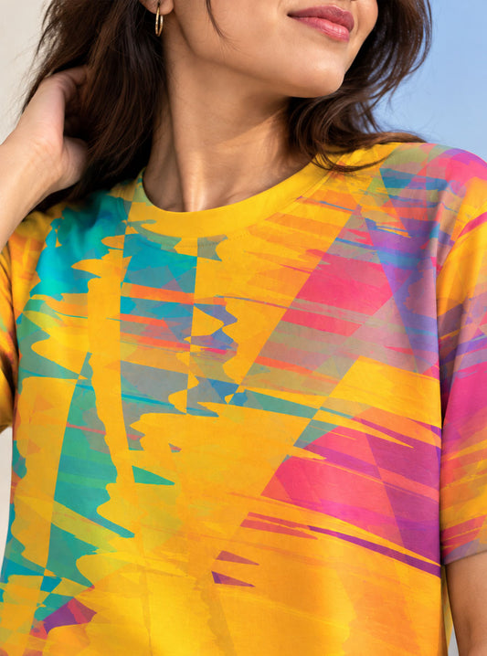 Yellow Pink Teal Abstract Print T-Shirt