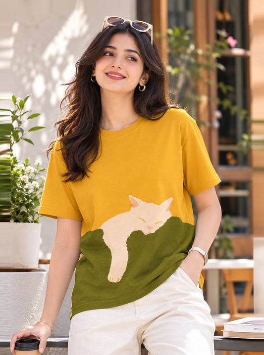 Sleeping Cat Printed T-Shirt