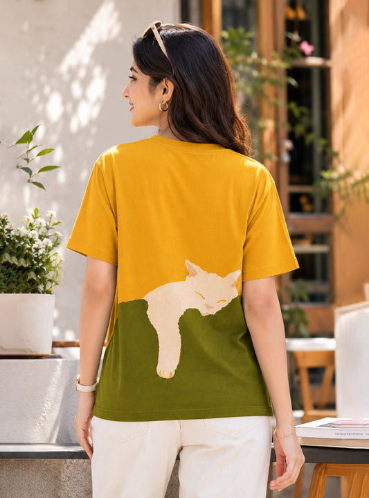 Sleeping Cat Printed T-Shirt