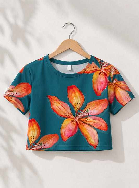 Watercolor Lily Floral Printed Crop Top