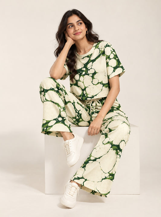 cream & deep green abstract bubble print co-ord set