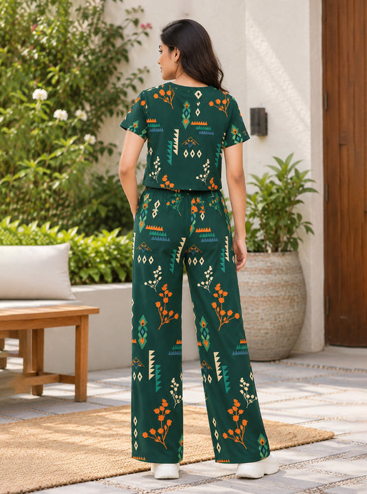 Tribal Geometric Floral Crop Top & Jogger Co-ord Set