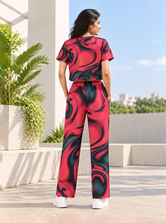Abstract Marble Swirl Print Crop Top & Jogger Set