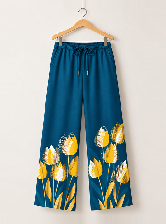 Stylized Floral Hem Printed Trouser