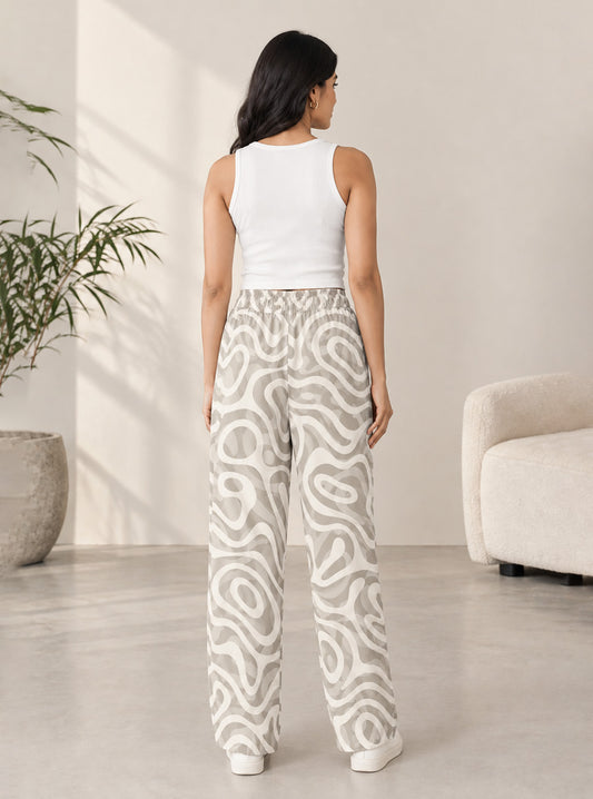 Beige Fluid Lines Printed Trouser