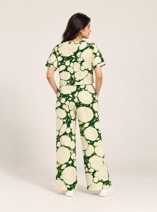 cream & deep green abstract bubble print co-ord set