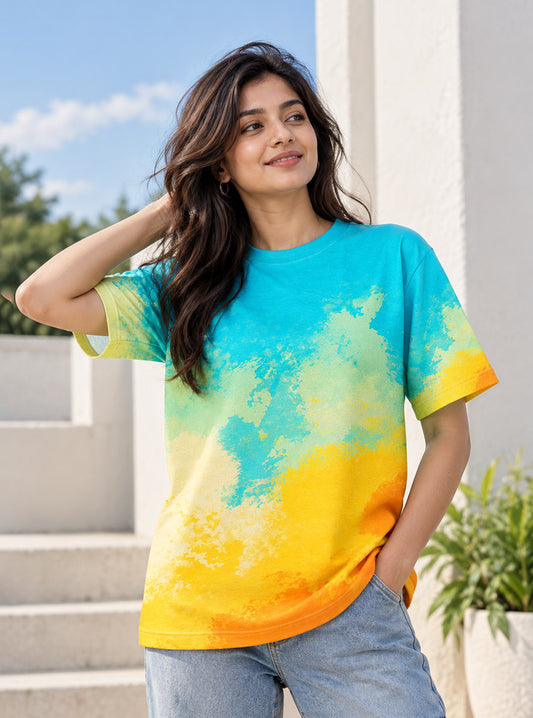 Aqua Yellow Abstract Splash Printed Tee