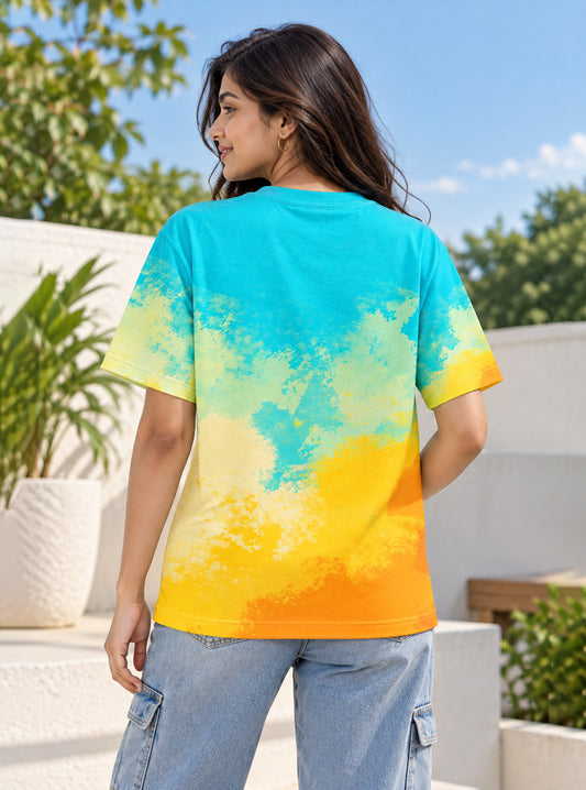 Aqua Yellow Abstract Splash Printed Tee